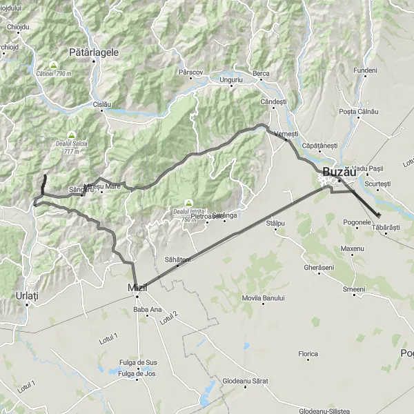 Map miniature of "Chiojdeanca - Mârlogea - Bl. C 7 - Buzău - Ulmeni - Mizil - Udrești Roundabout" cycling inspiration in Sud-Muntenia, Romania. Generated by Tarmacs.app cycling route planner