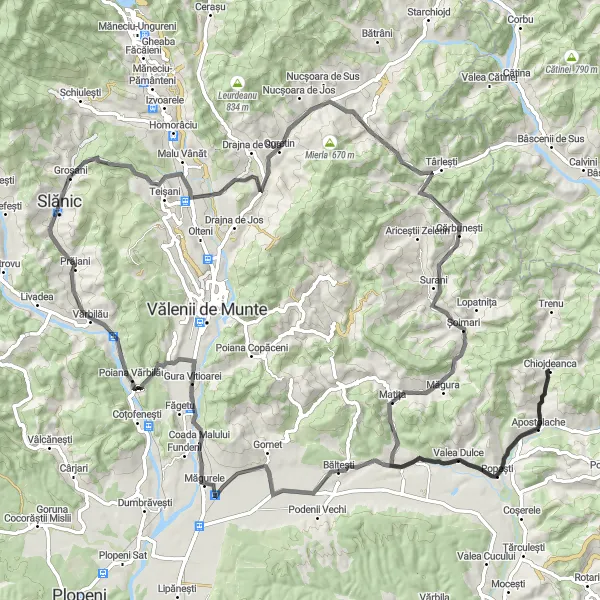 Map miniature of "The Scenic Road Adventure" cycling inspiration in Sud-Muntenia, Romania. Generated by Tarmacs.app cycling route planner