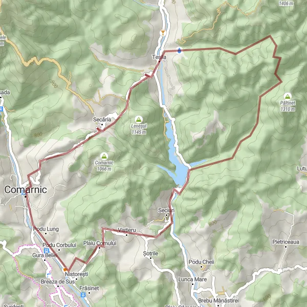 Map miniature of "Gravel Adventure in Comarnic" cycling inspiration in Sud-Muntenia, Romania. Generated by Tarmacs.app cycling route planner