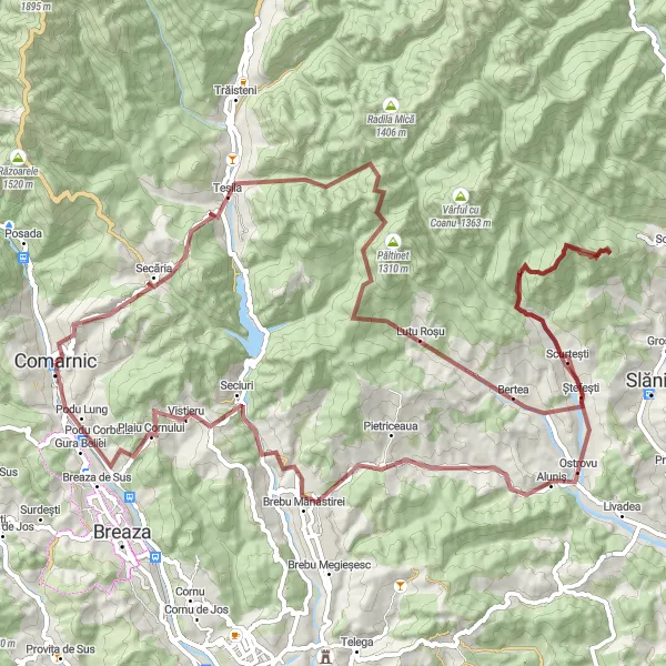 Map miniature of "The Great Gravel Adventure" cycling inspiration in Sud-Muntenia, Romania. Generated by Tarmacs.app cycling route planner