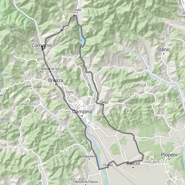 Map miniature of "The Nature's Wonder" cycling inspiration in Sud-Muntenia, Romania. Generated by Tarmacs.app cycling route planner