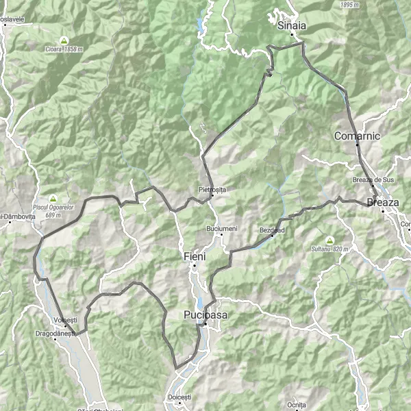 Map miniature of "Discover the Hills of Sud Muntenia" cycling inspiration in Sud-Muntenia, Romania. Generated by Tarmacs.app cycling route planner