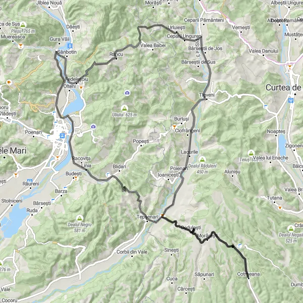 Map miniature of "The Fedeleșoiu Adventure" cycling inspiration in Sud-Muntenia, Romania. Generated by Tarmacs.app cycling route planner