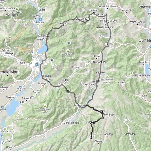 Map miniature of "Cuca to Runcu Cycling Adventure" cycling inspiration in Sud-Muntenia, Romania. Generated by Tarmacs.app cycling route planner