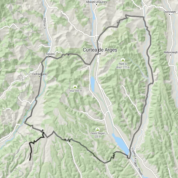 Map miniature of "Cuca to Dedulești Loop" cycling inspiration in Sud-Muntenia, Romania. Generated by Tarmacs.app cycling route planner