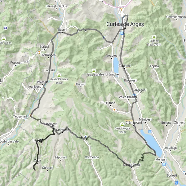 Map miniature of "Cuca - Dedulești - Curtea de Argeș - Morărești - Cuca" cycling inspiration in Sud-Muntenia, Romania. Generated by Tarmacs.app cycling route planner