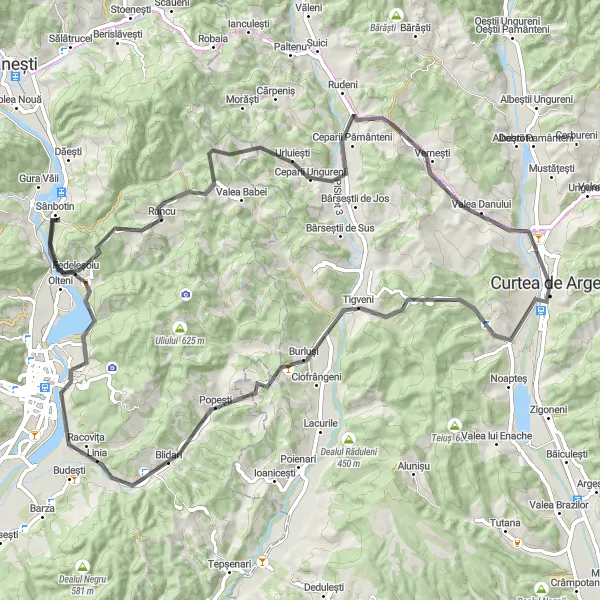 Map miniature of "Curtea de Argeş - Burluși - Blidari - Fedeleșoiu - Ceparii Ungureni - Curtea de Argeș" cycling inspiration in Sud-Muntenia, Romania. Generated by Tarmacs.app cycling route planner