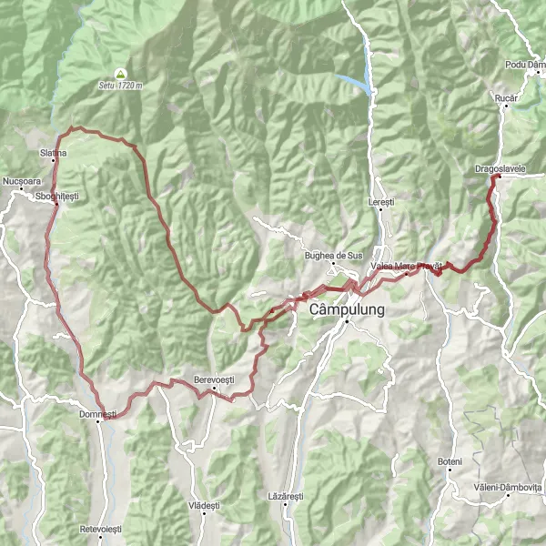 Map miniature of "Through Calcar Quarry: Dragoslavele to Mateiaș" cycling inspiration in Sud-Muntenia, Romania. Generated by Tarmacs.app cycling route planner