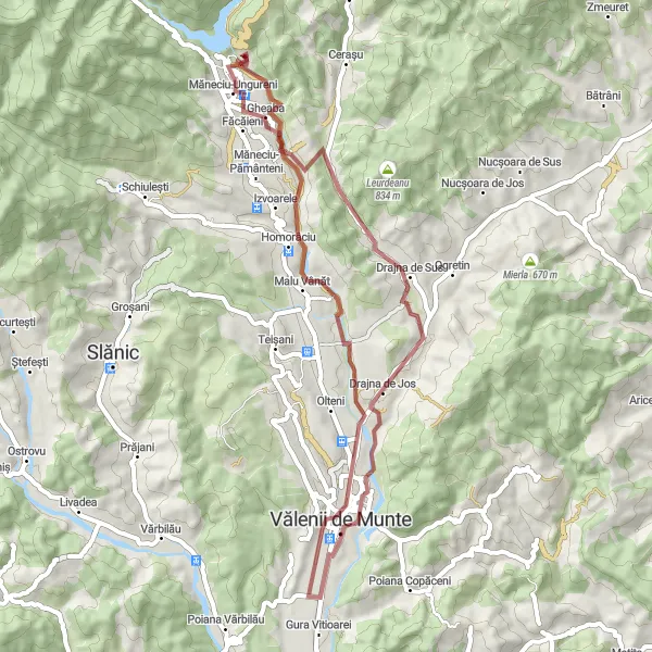 Map miniature of "Chirițești-Vălenii de Munte-Piscul Domnului-Gheaba Gravel Cycling Route" cycling inspiration in Sud-Muntenia, Romania. Generated by Tarmacs.app cycling route planner