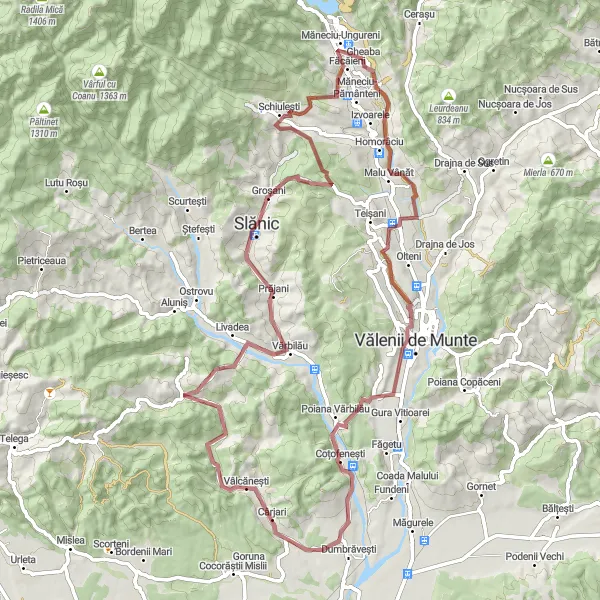 Map miniature of "Chirițești-Slănic-Făcăieni Gravel Cycling Route" cycling inspiration in Sud-Muntenia, Romania. Generated by Tarmacs.app cycling route planner