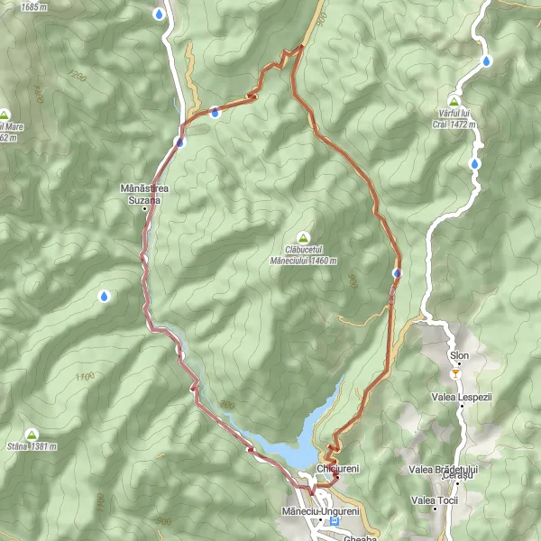 Map miniature of "Stana-Mânăstirea Suzana-Măneciu-Ungureni Gravel Cycling Route" cycling inspiration in Sud-Muntenia, Romania. Generated by Tarmacs.app cycling route planner