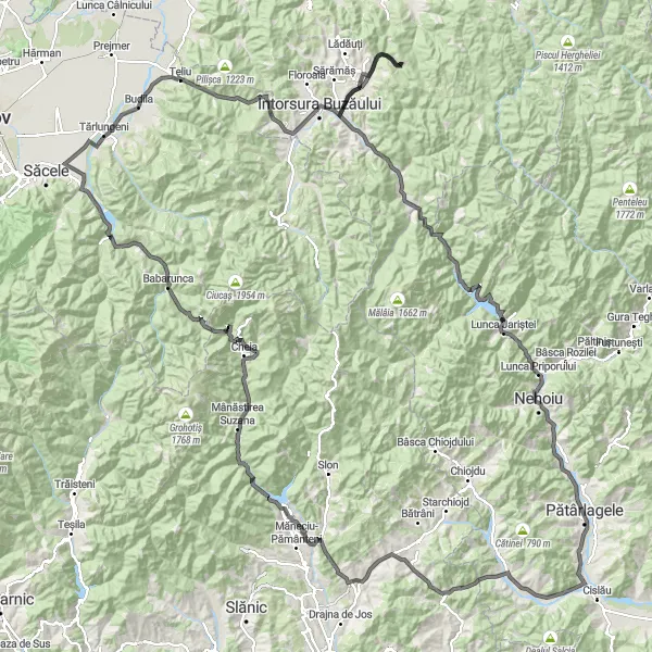 Map miniature of "Măneciu-Ungureni-Mânăstirea Suzana-Cheia-Pasul Bratocea-Babarunca-Tărlungeni-Teliu-Întorsura Buzăului-Sita Buzăului-Gura Siriului-Colțu Pietrii-Chilălău-Costeni Road Cycling Route" cycling inspiration in Sud-Muntenia, Romania. Generated by Tarmacs.app cycling route planner