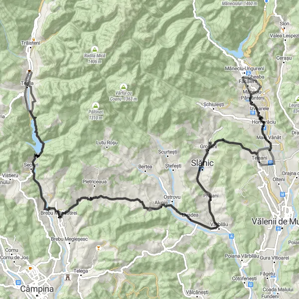 Map miniature of "Malu Vânăt-belvedere-Vărbilău-Lunca Mare-Teșila-Slănic-Costeni Road Cycling Route" cycling inspiration in Sud-Muntenia, Romania. Generated by Tarmacs.app cycling route planner