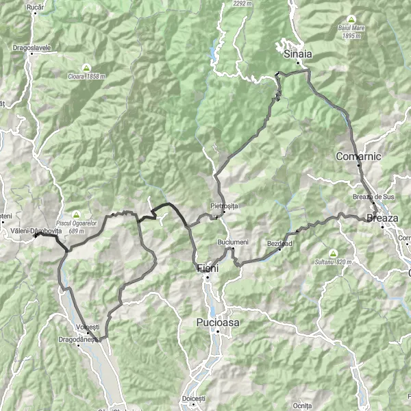 Map miniature of "Dâmbovița Valley Challenge" cycling inspiration in Sud-Muntenia, Romania. Generated by Tarmacs.app cycling route planner