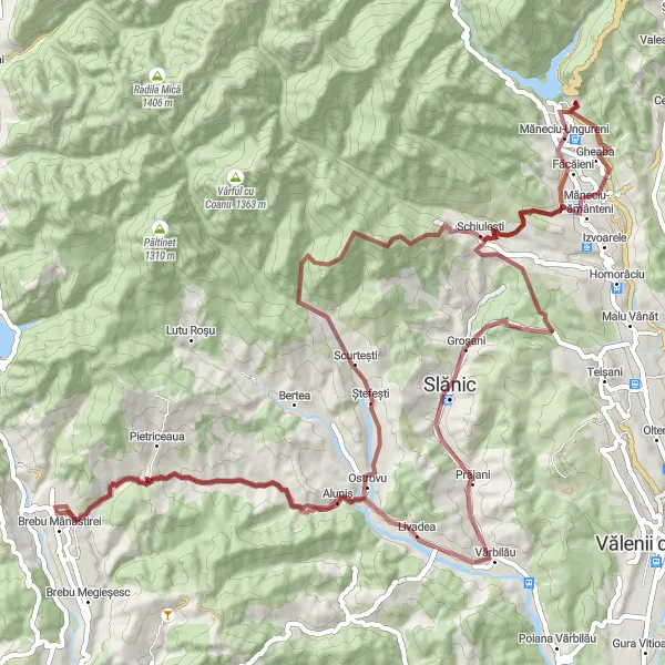 Map miniature of "Maneciu-Ungureni Gravel Adventure" cycling inspiration in Sud-Muntenia, Romania. Generated by Tarmacs.app cycling route planner