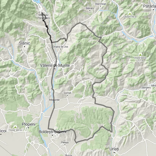 Map miniature of "Măneciu-Ungureni to Malu Vânăt" cycling inspiration in Sud-Muntenia, Romania. Generated by Tarmacs.app cycling route planner