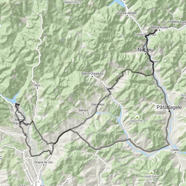 Map miniature of "Măneciu-Ungureni to Gheaba Scenic Route" cycling inspiration in Sud-Muntenia, Romania. Generated by Tarmacs.app cycling route planner