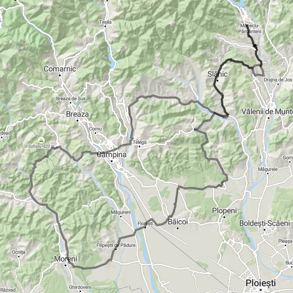 Map miniature of "Road Cycling Adventure" cycling inspiration in Sud-Muntenia, Romania. Generated by Tarmacs.app cycling route planner