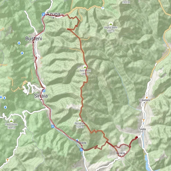 Map miniature of "Mountainous Gravel Challenge" cycling inspiration in Sud-Muntenia, Romania. Generated by Tarmacs.app cycling route planner