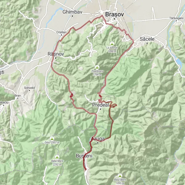 Map miniature of "Gravel Adventure Through Bran" cycling inspiration in Sud-Muntenia, Romania. Generated by Tarmacs.app cycling route planner