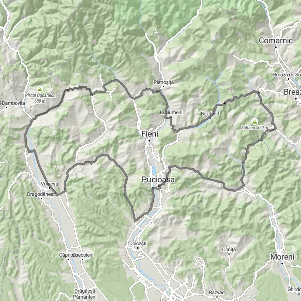 Map miniature of "The Mountain Loop" cycling inspiration in Sud-Muntenia, Romania. Generated by Tarmacs.app cycling route planner
