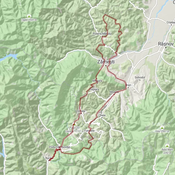 Map miniature of "Mountain Gravel Adventure" cycling inspiration in Sud-Muntenia, Romania. Generated by Tarmacs.app cycling route planner