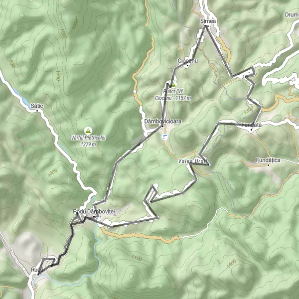 Map miniature of "Dâmbovicioara Scenic Ride" cycling inspiration in Sud-Muntenia, Romania. Generated by Tarmacs.app cycling route planner