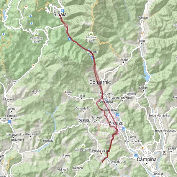 Map miniature of "The Gravel Adventure in Southern Carpathians" cycling inspiration in Sud-Muntenia, Romania. Generated by Tarmacs.app cycling route planner