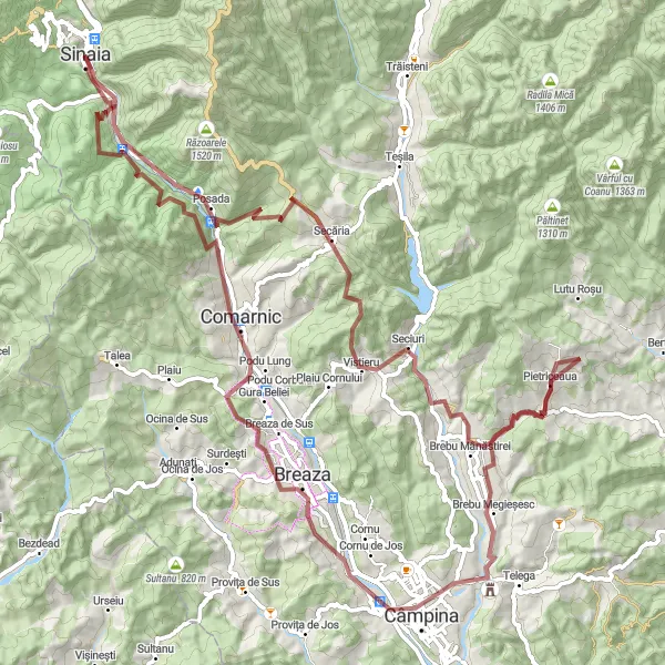 Map miniature of "Bucegi Gravel Adventure" cycling inspiration in Sud-Muntenia, Romania. Generated by Tarmacs.app cycling route planner