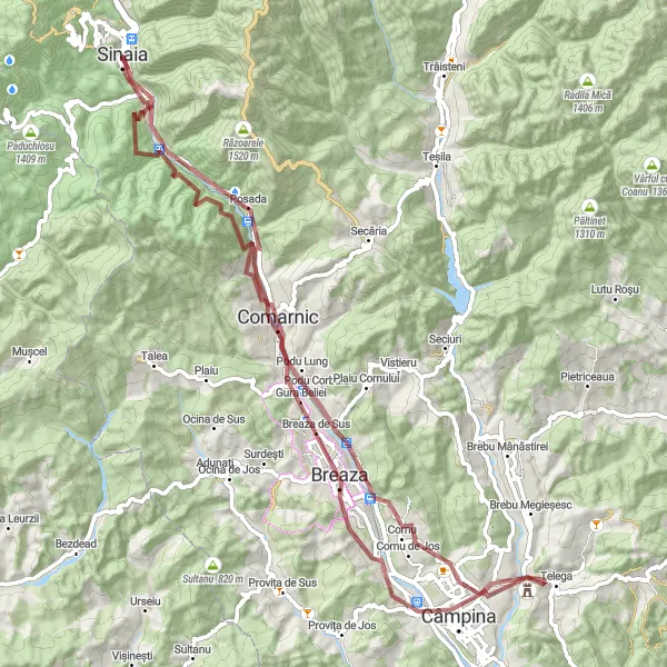 Map miniature of "Gravel Adventure: Sinaia to Cornu de Sus" cycling inspiration in Sud-Muntenia, Romania. Generated by Tarmacs.app cycling route planner