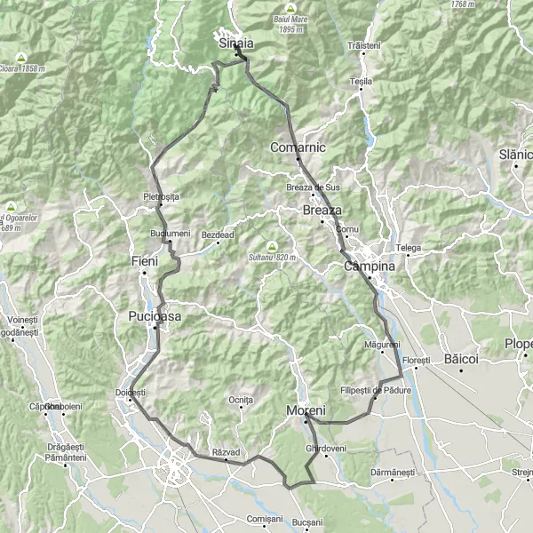 Map miniature of "Cultural and Natural Discovery: Comarnic to Pietroșița" cycling inspiration in Sud-Muntenia, Romania. Generated by Tarmacs.app cycling route planner