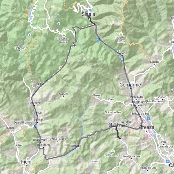 Map miniature of "Hidden Gems: Comarnic to Pietroșița" cycling inspiration in Sud-Muntenia, Romania. Generated by Tarmacs.app cycling route planner