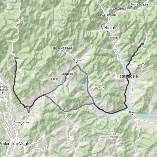 Map miniature of "The Hills of Starchiojd" cycling inspiration in Sud-Muntenia, Romania. Generated by Tarmacs.app cycling route planner