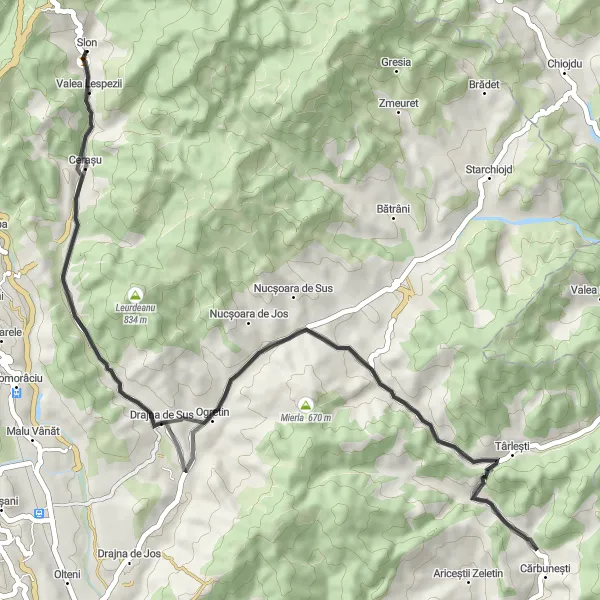 Map miniature of "Scenic Loop around Slon" cycling inspiration in Sud-Muntenia, Romania. Generated by Tarmacs.app cycling route planner