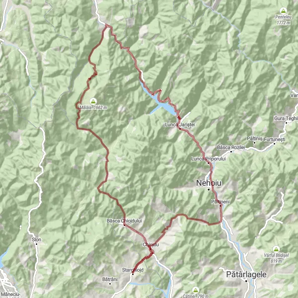 Map miniature of "Chiojdului Gravel Adventure" cycling inspiration in Sud-Muntenia, Romania. Generated by Tarmacs.app cycling route planner