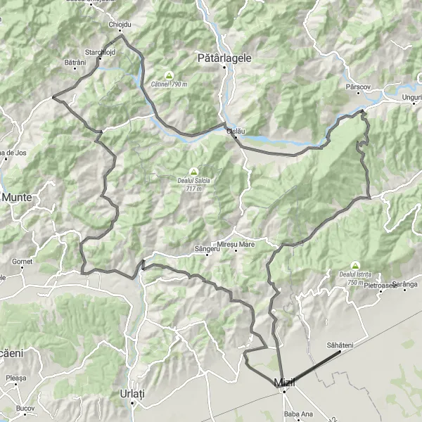 Map miniature of "Bascenii de Sus Loop" cycling inspiration in Sud-Muntenia, Romania. Generated by Tarmacs.app cycling route planner