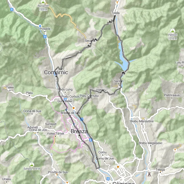 Map miniature of "Adventurous Road Cycling near Teșila" cycling inspiration in Sud-Muntenia, Romania. Generated by Tarmacs.app cycling route planner