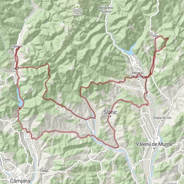 Map miniature of "The Scenic Route Surrounding Trăisteni" cycling inspiration in Sud-Muntenia, Romania. Generated by Tarmacs.app cycling route planner