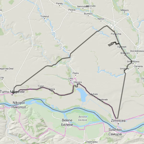 Map miniature of "The Poroschia Adventure" cycling inspiration in Sud-Muntenia, Romania. Generated by Tarmacs.app cycling route planner