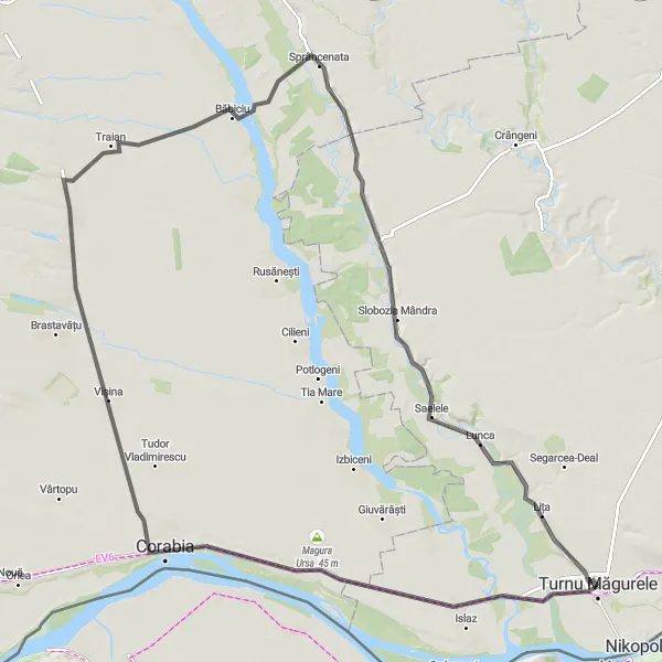 Map miniature of "A Scenic Journey through the Heart of Studinița" cycling inspiration in Sud-Muntenia, Romania. Generated by Tarmacs.app cycling route planner