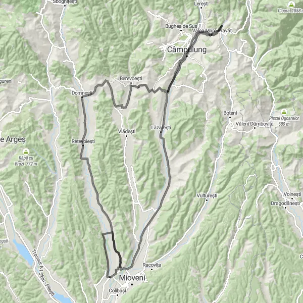 Map miniature of "Road Cycling Route from Valea Mare Pravăț: Coșești Loop" cycling inspiration in Sud-Muntenia, Romania. Generated by Tarmacs.app cycling route planner