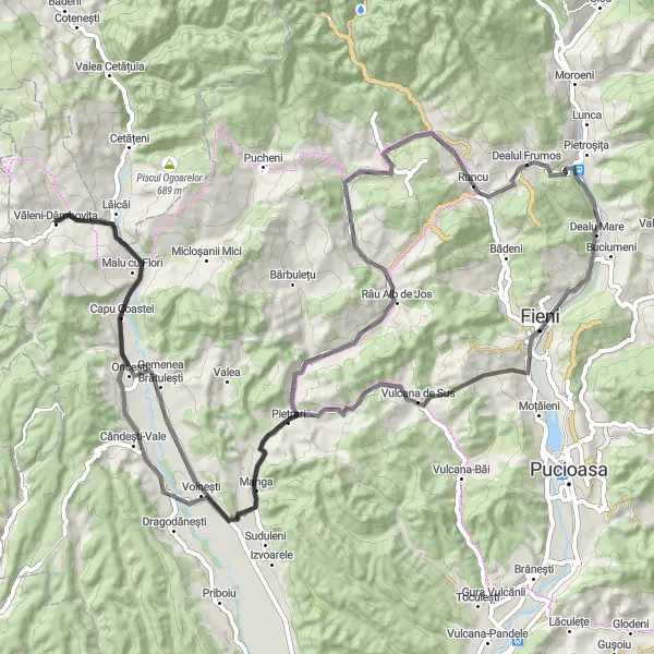 Map miniature of "Vulcana de Sus Loop" cycling inspiration in Sud-Muntenia, Romania. Generated by Tarmacs.app cycling route planner