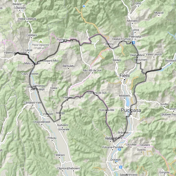 Map miniature of "The Challenging Miculești Expedition" cycling inspiration in Sud-Muntenia, Romania. Generated by Tarmacs.app cycling route planner