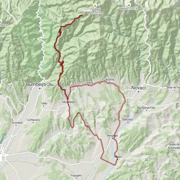 Map miniature of "The Gilort Valley Loop" cycling inspiration in Sud-Vest Oltenia, Romania. Generated by Tarmacs.app cycling route planner