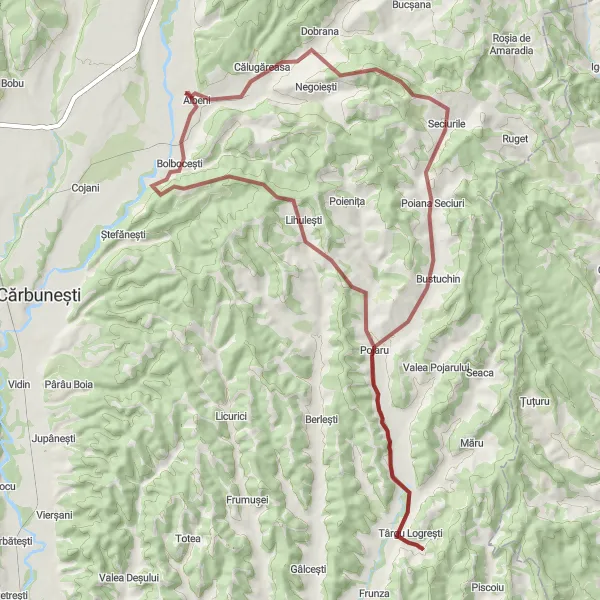 Map miniature of "The Logrești Loop" cycling inspiration in Sud-Vest Oltenia, Romania. Generated by Tarmacs.app cycling route planner