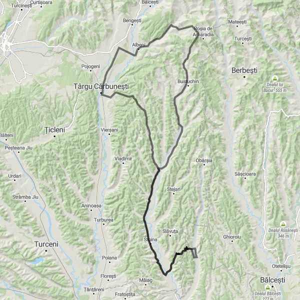 Map miniature of "The Hurezani Adventure" cycling inspiration in Sud-Vest Oltenia, Romania. Generated by Tarmacs.app cycling route planner