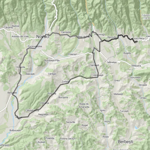 Map miniature of "Olteț Valley Exploration" cycling inspiration in Sud-Vest Oltenia, Romania. Generated by Tarmacs.app cycling route planner