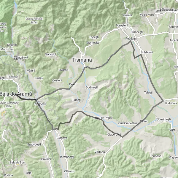 Map miniature of "Baia de Arama to Câlnic Road Cycling Route" cycling inspiration in Sud-Vest Oltenia, Romania. Generated by Tarmacs.app cycling route planner