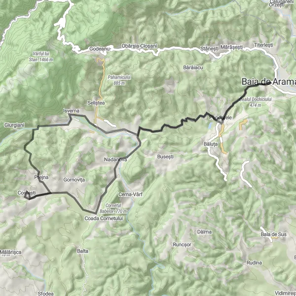 Map miniature of "Baia de Aramă Loop" cycling inspiration in Sud-Vest Oltenia, Romania. Generated by Tarmacs.app cycling route planner