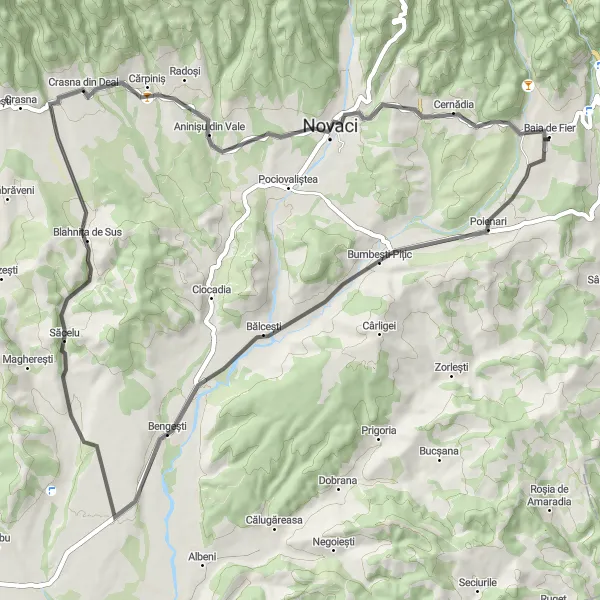 Map miniature of "Baia de Fier to Cernădia Loop" cycling inspiration in Sud-Vest Oltenia, Romania. Generated by Tarmacs.app cycling route planner